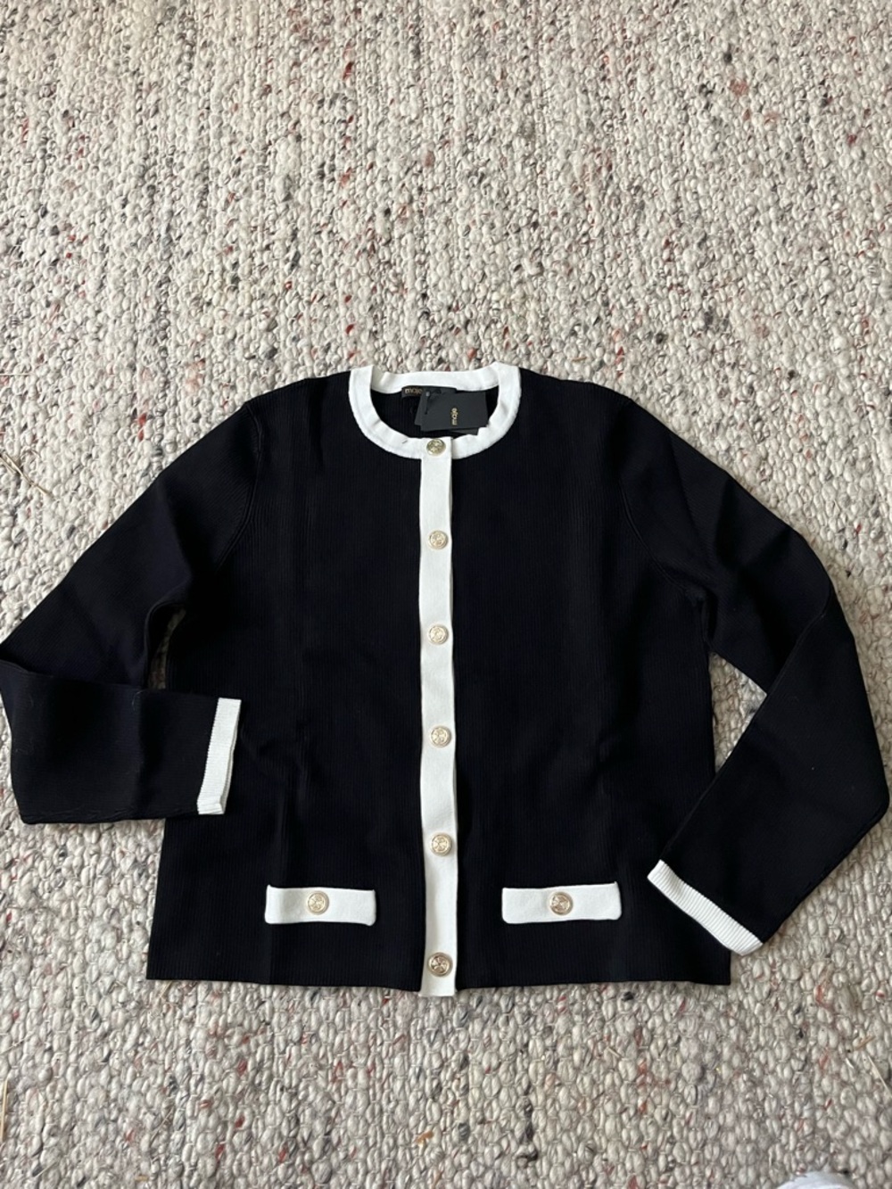 MAJE SIGNATURE CARDIGAN 
BLACK WITH WHITE TRIM